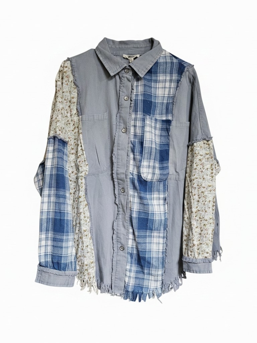 Blue Velvet Patchwork Button-Front Top - Picture 2 of 4